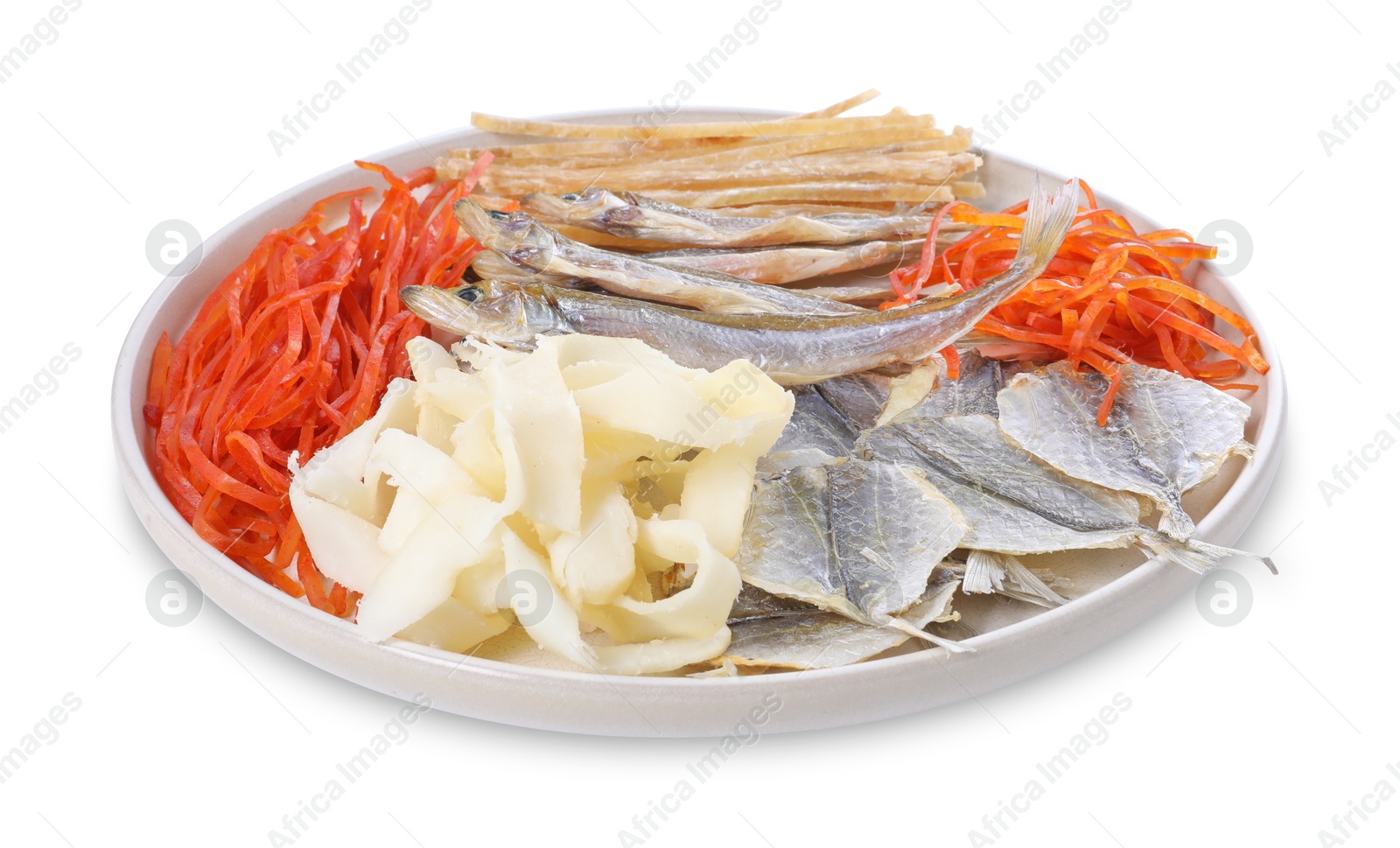 Photo of Many different dried fish snacks isolated on white