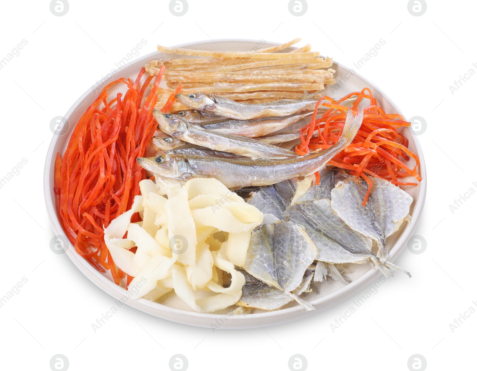 Photo of Many different dried fish snacks isolated on white