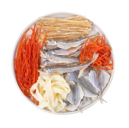 Many different dried fish snacks isolated on white, top view