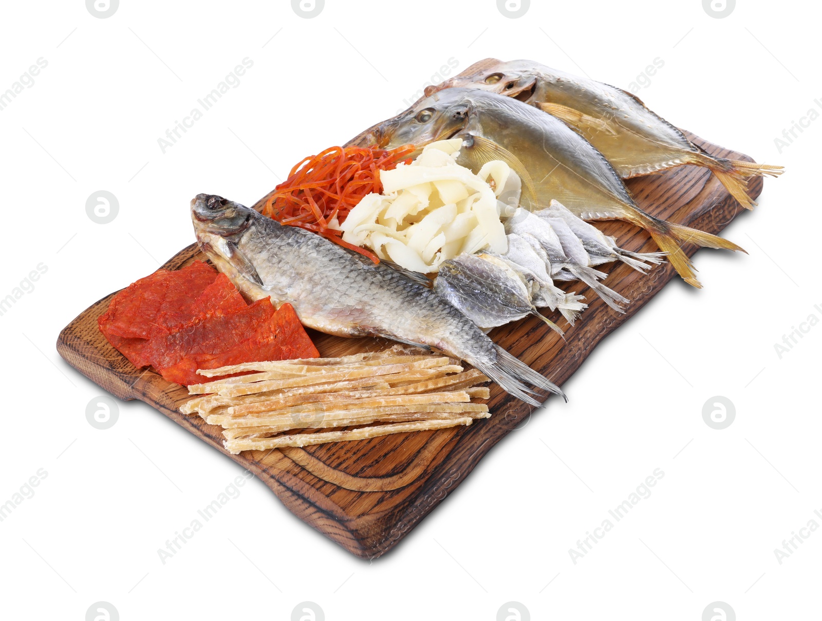 Photo of Many different dried fish snacks isolated on white