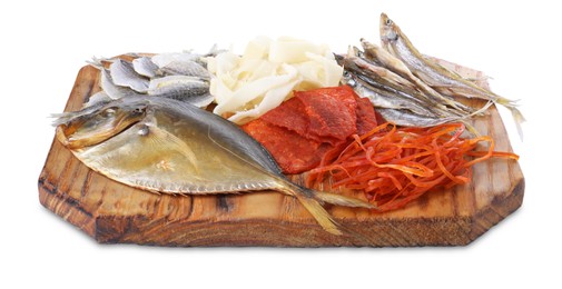 Many different dried fish snacks isolated on white