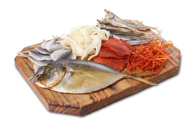 Many different dried fish snacks isolated on white