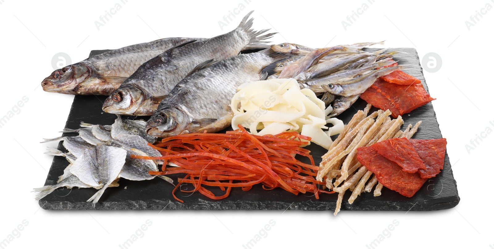 Photo of Many different dried fish snacks isolated on white