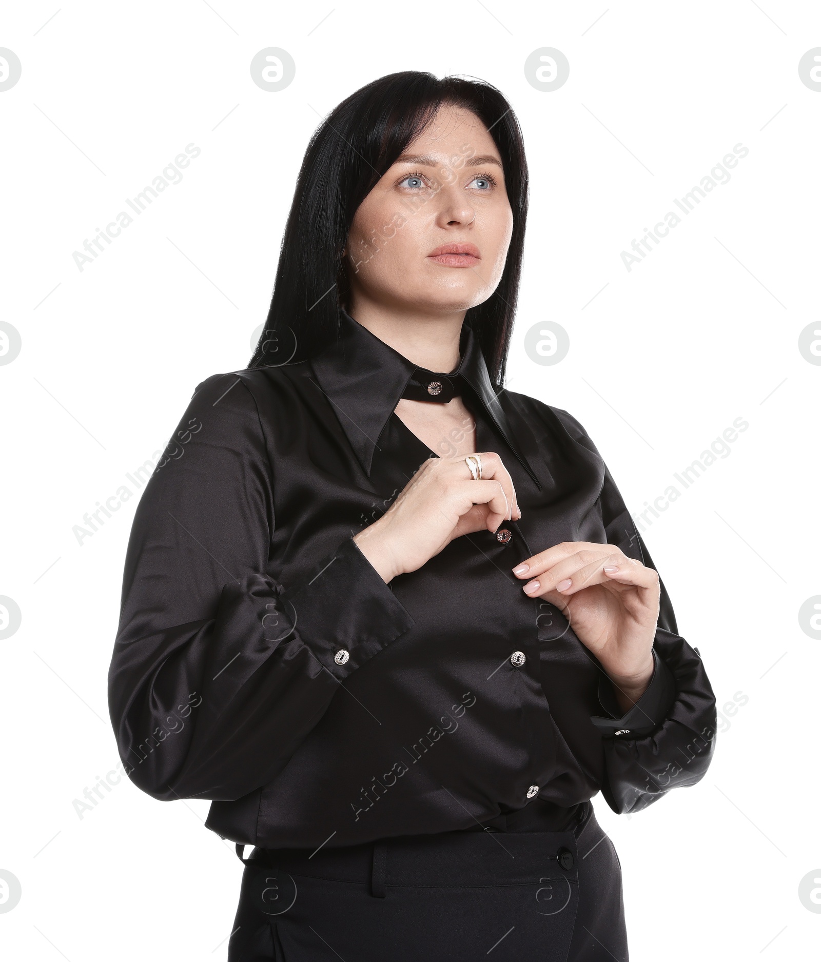 Photo of Charming plus size model on white background. Overweight