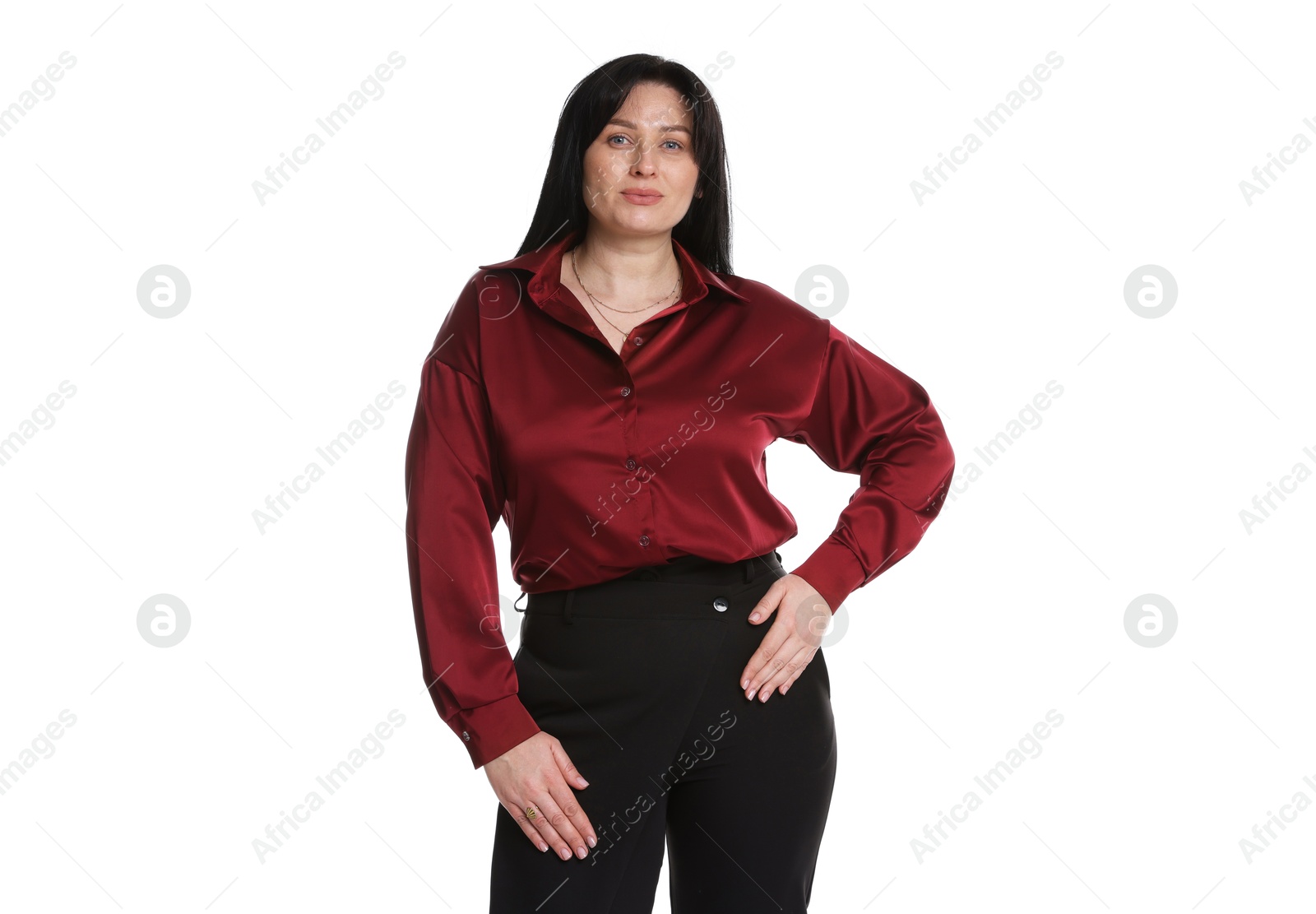 Photo of Portrait of charming plus size model on white background. Overweight