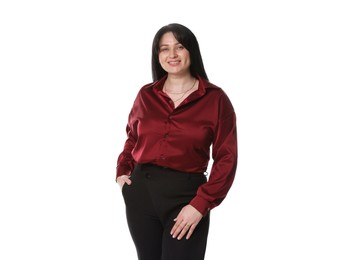 Portrait of smiling plus size model on white background. Overweight