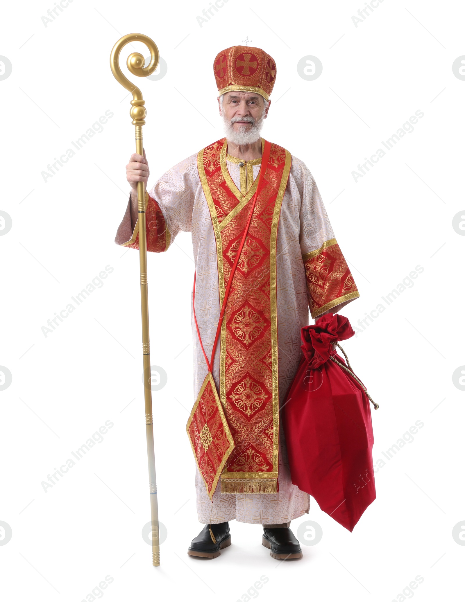 Photo of Saint Nicholas with sack on white background