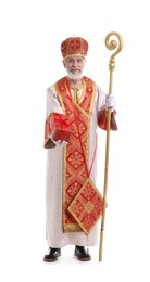 Photo of Saint Nicholas giving gift on white background