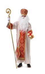 Saint Nicholas with gift on white background