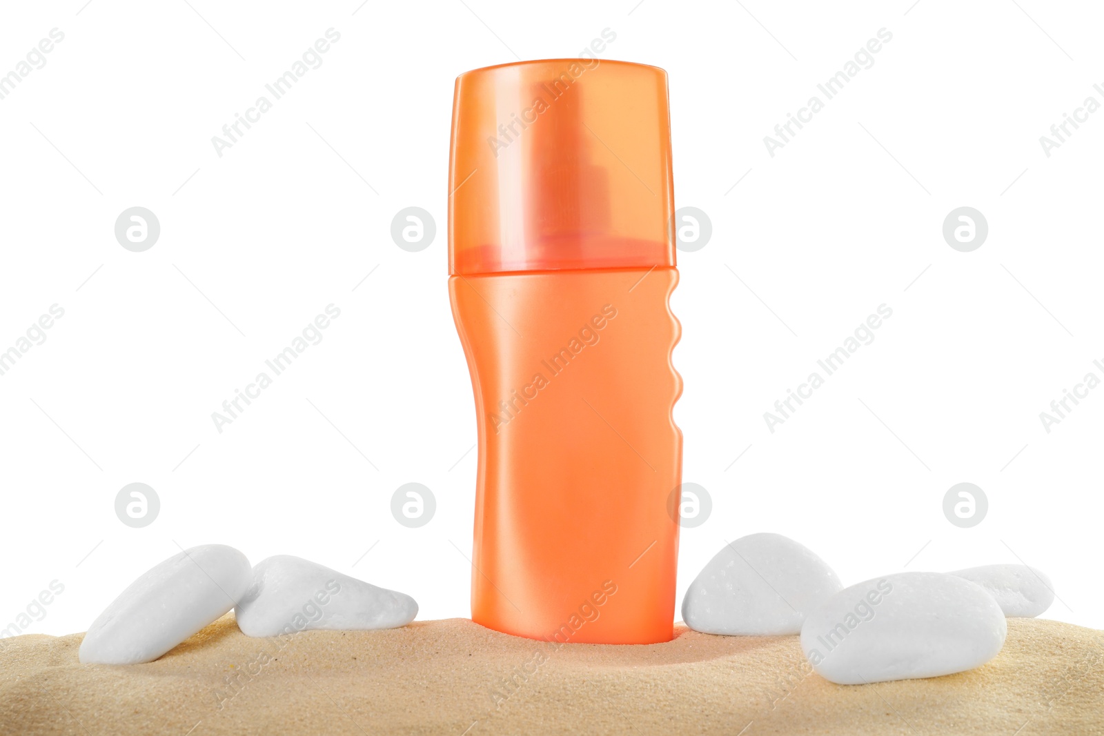 Bottle of sun protection product and stones on sand against white background Photo of Bottle of sun protection product and stones on sand against white background