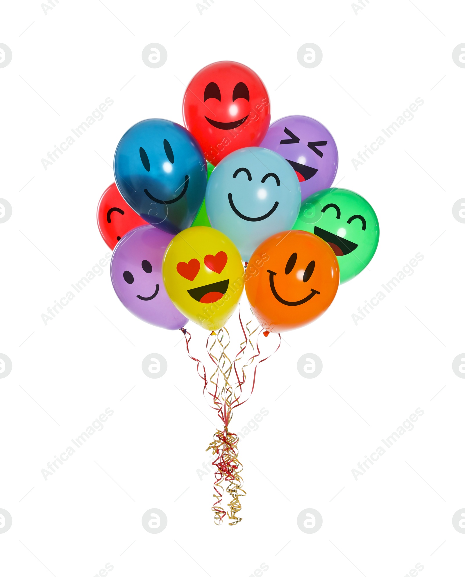 Image of Bright balloons with happy faces on white background