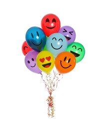 Bright balloons with happy faces on white background