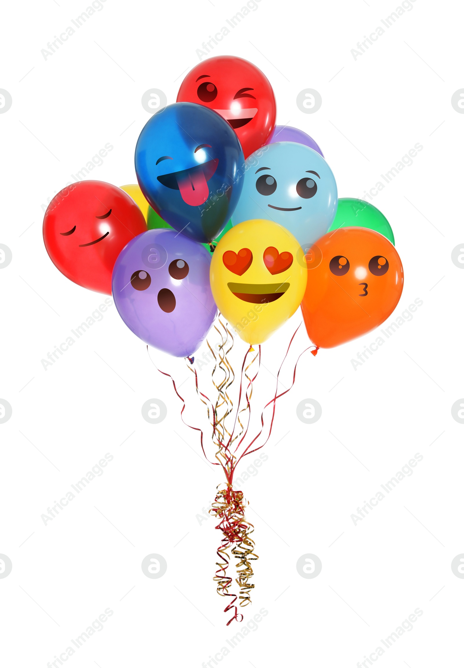 Image of Faces with different emotions on bright balloons against white background