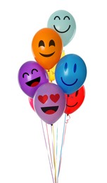 Image of Bright balloons with happy faces on white background