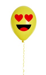 Image of Happy face with heart eyes on yellow balloon against white background