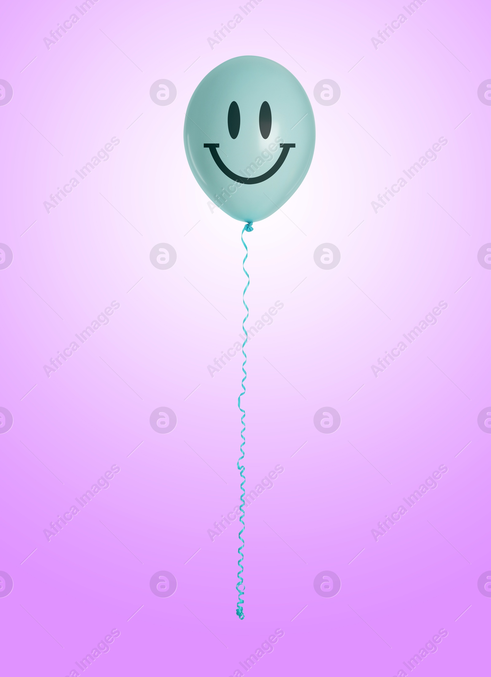 Image of Turquoise balloon with happy face on violet gradient background