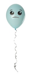 Turquoise balloon with unhappy face on white background