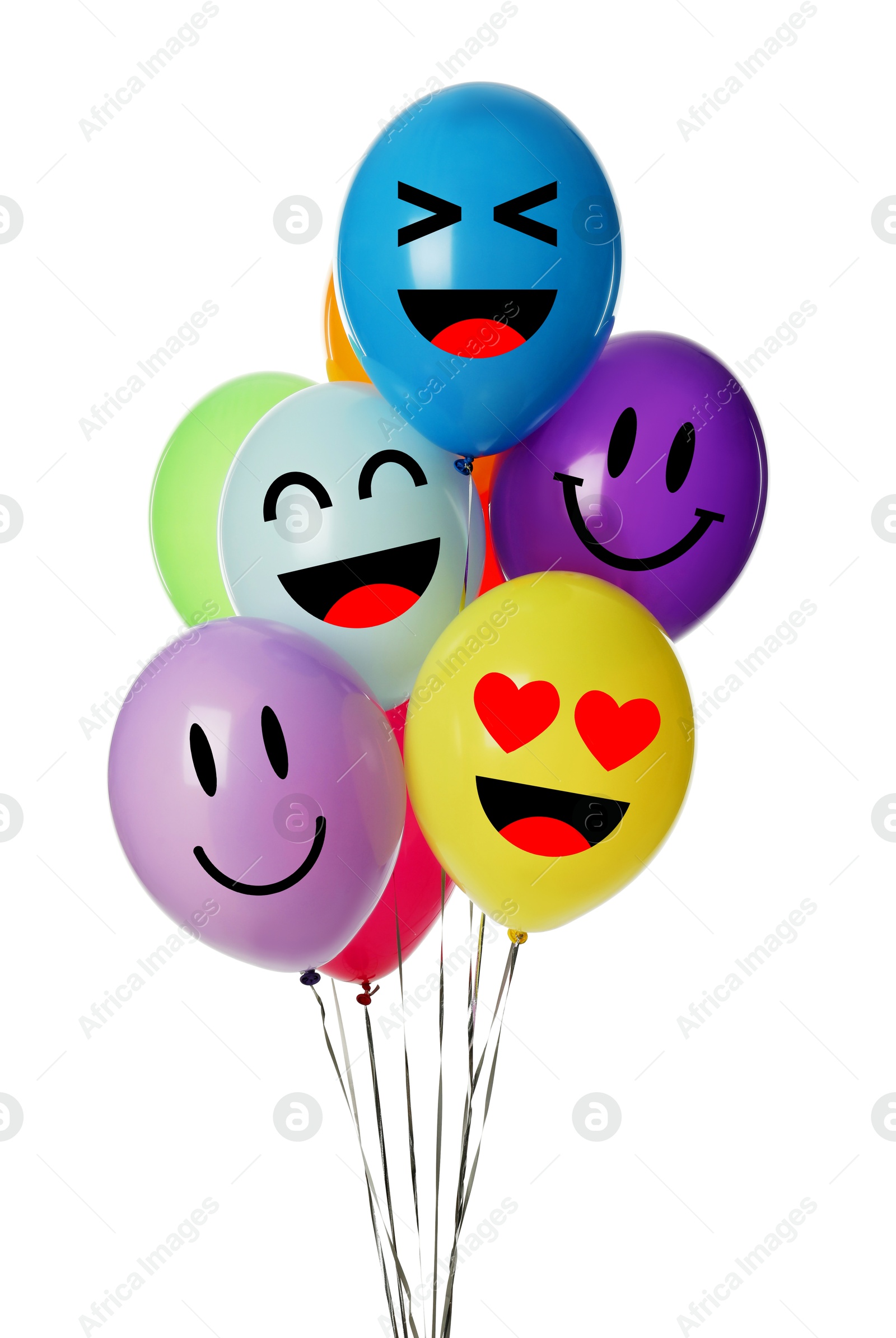 Image of Bright balloons with happy faces on white background