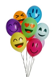 Bright balloons with happy faces on white background