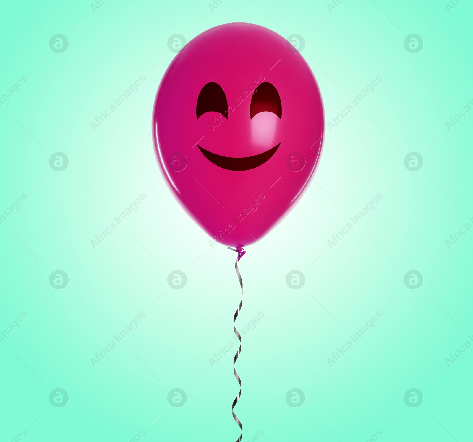 Image of Crimson balloon with happy face on turquoise gradient background