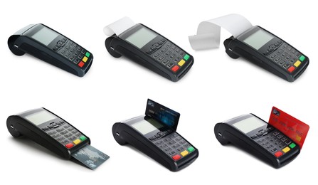 Payment terminal, paper check and plastic cards isolated on white, set