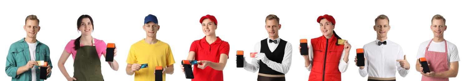 People of different professions with payment terminals on white background, set