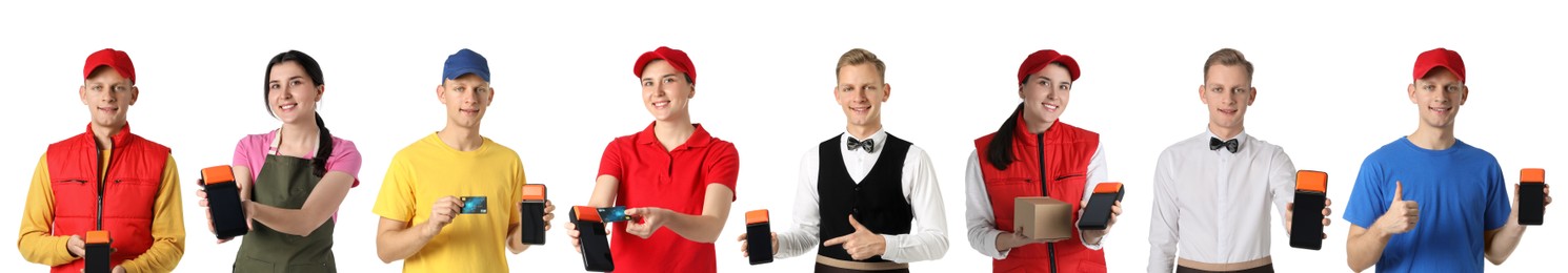 People of different professions with payment terminals on white background, set