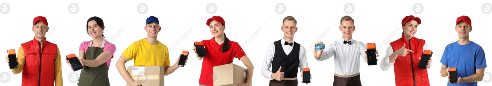 Image of People of different professions with payment terminals on white background, set