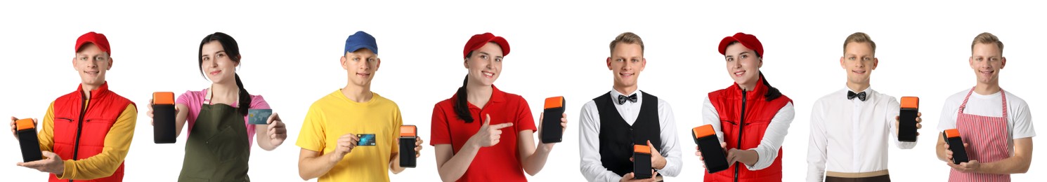 Image of People of different professions with payment terminals on white background, set