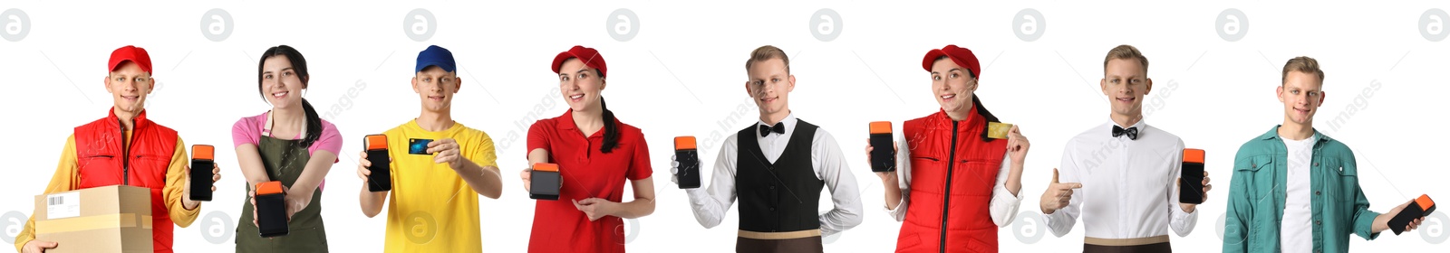 Image of People of different professions with payment terminals on white background, set