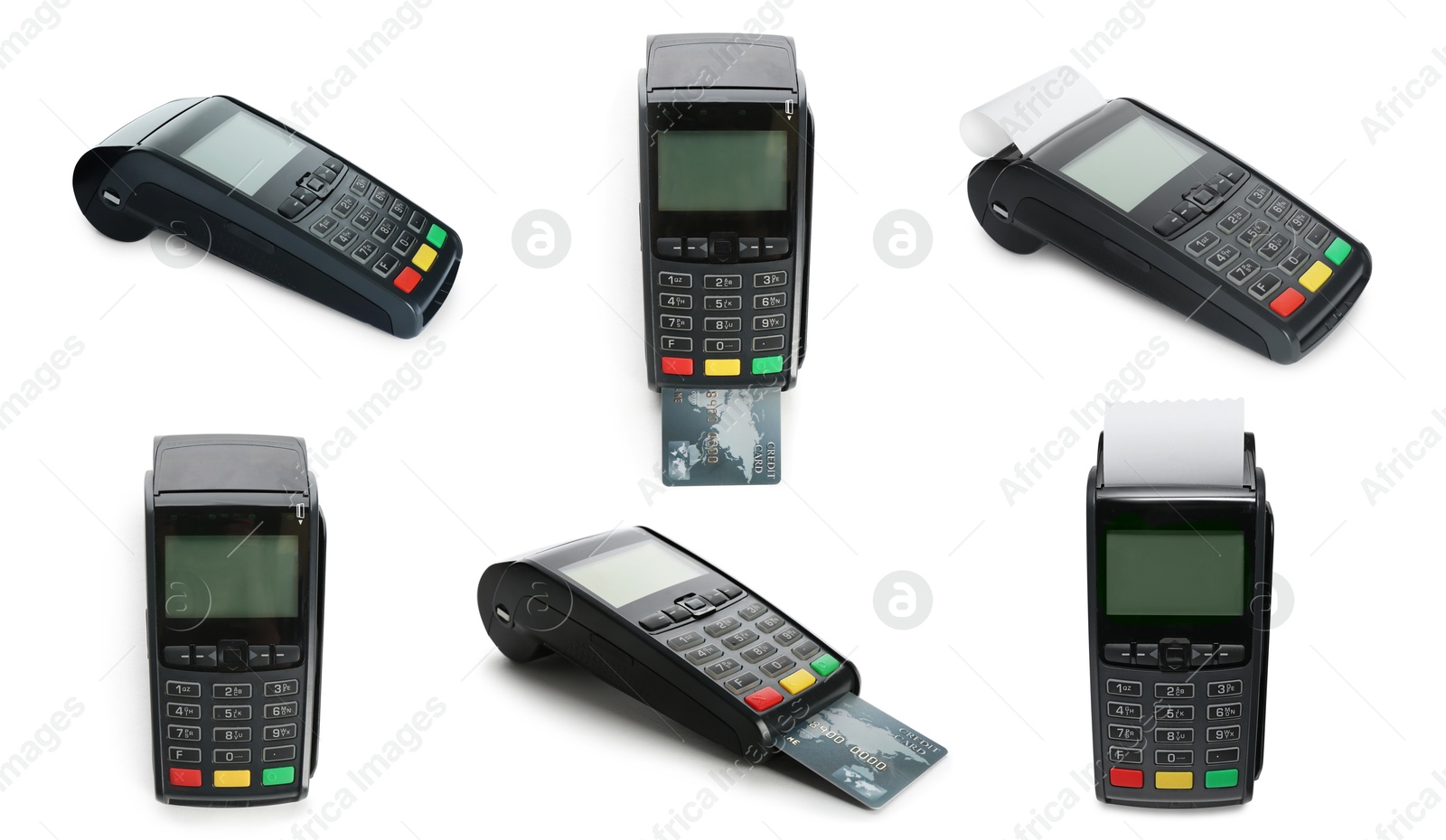 Image of Payment terminal, paper check and plastic card isolated on white, set