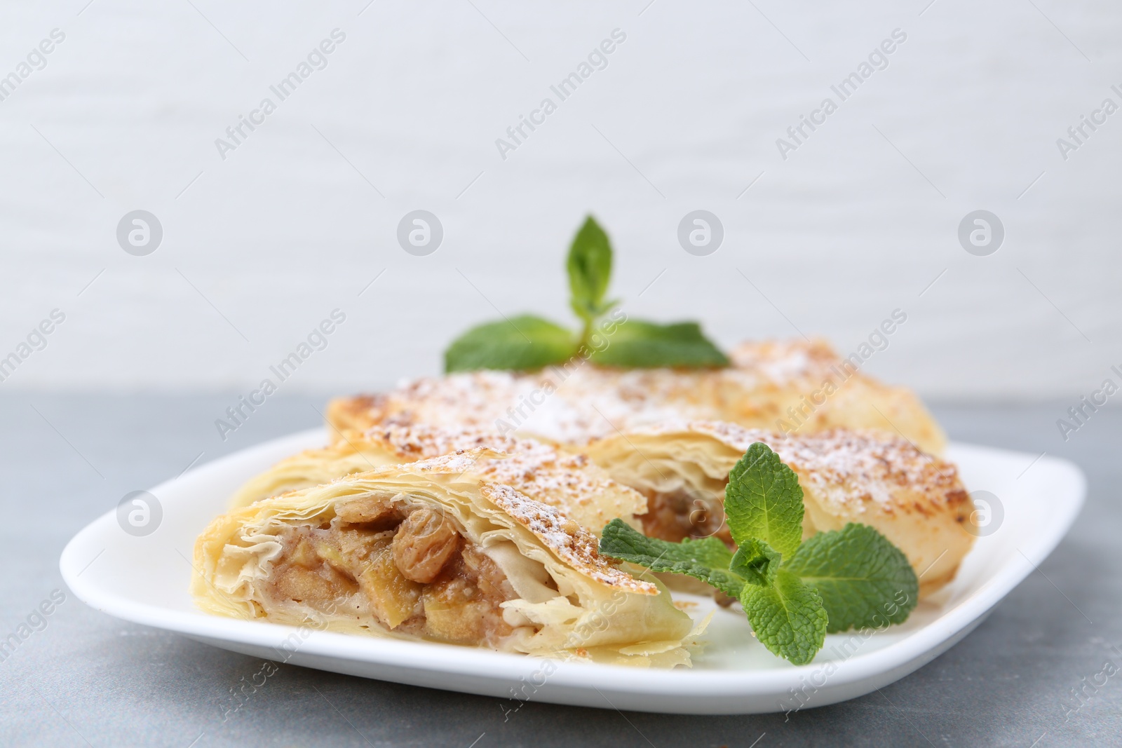 Photo of Tasty apple strudels with powdered sugar and mint on light grey table, closeup