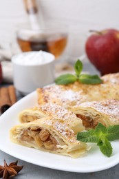 Photo of Tasty apple strudels with powdered sugar, mint and spices on table, closeup