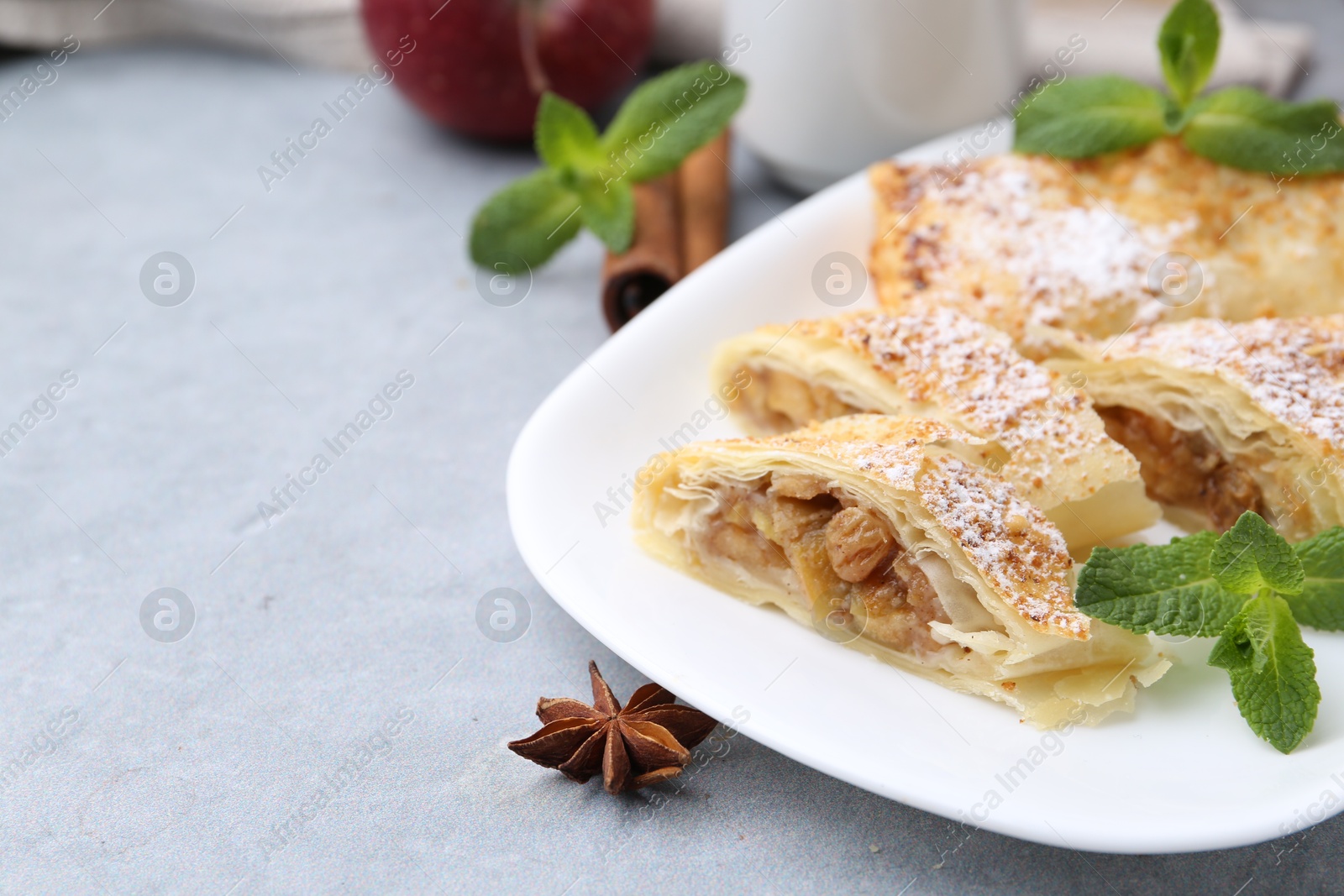 Photo of Tasty apple strudels with powdered sugar, mint and spices on light grey table, closeup. Space for text