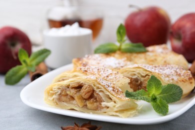 Photo of Tasty apple strudels with powdered sugar and mint on light grey table, closeup