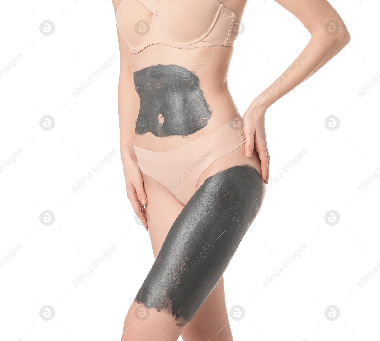 Photo of Woman doing spa body wraps on white background, closeup