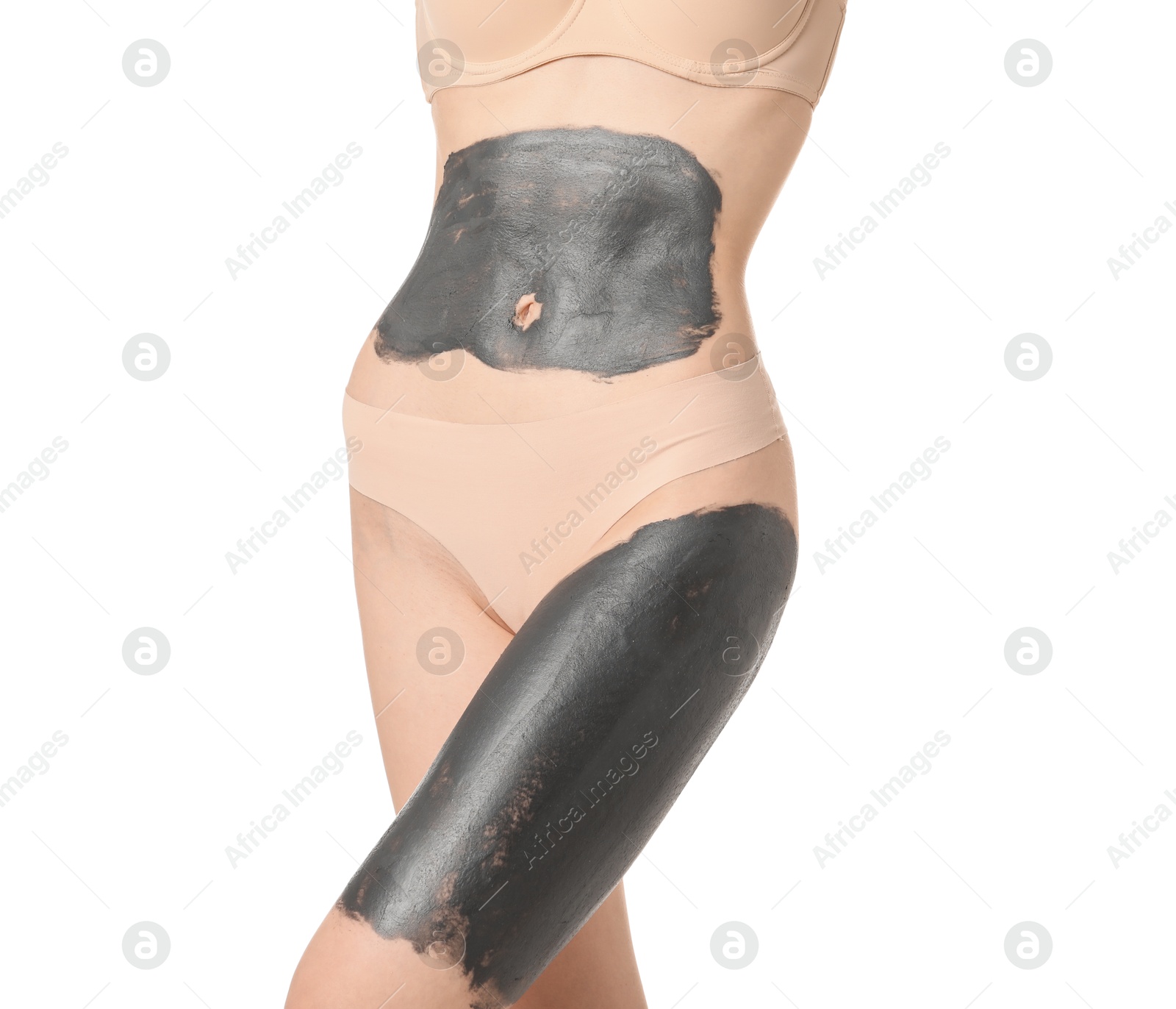 Photo of Woman doing spa body wraps on white background, closeup