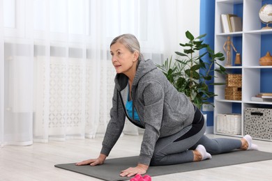 Elderly woman exercising at home. Healthy leisure