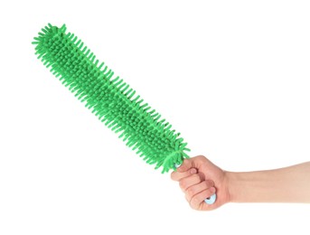 Man with microfiber mop on white background, closeup