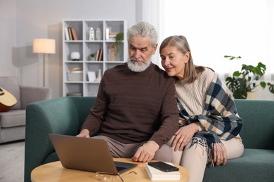 Cute elderly couple looking at laptop on sofa at home