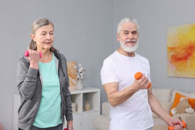 Elderly couple exercising with dumbbells at home