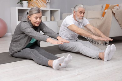 Elderly couple exercising at home. Healthy leisure