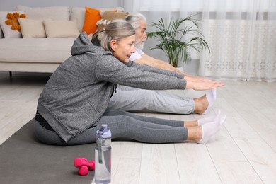 Photo of Elderly couple exercising at home. Healthy leisure