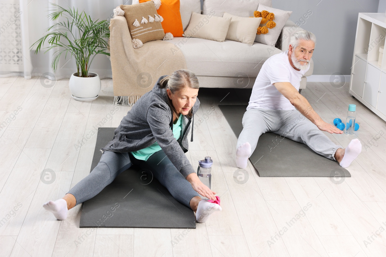 Photo of Elderly couple exercising at home. Healthy leisure