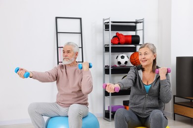 Elderly couple exercising with dumbbells and fitness balls at home