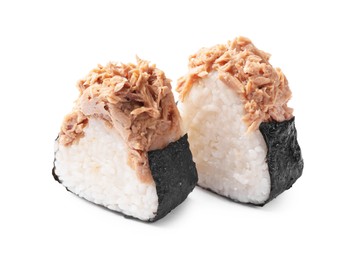 Photo of Tasty onigiri (Japanese rice balls) with tuna on white background