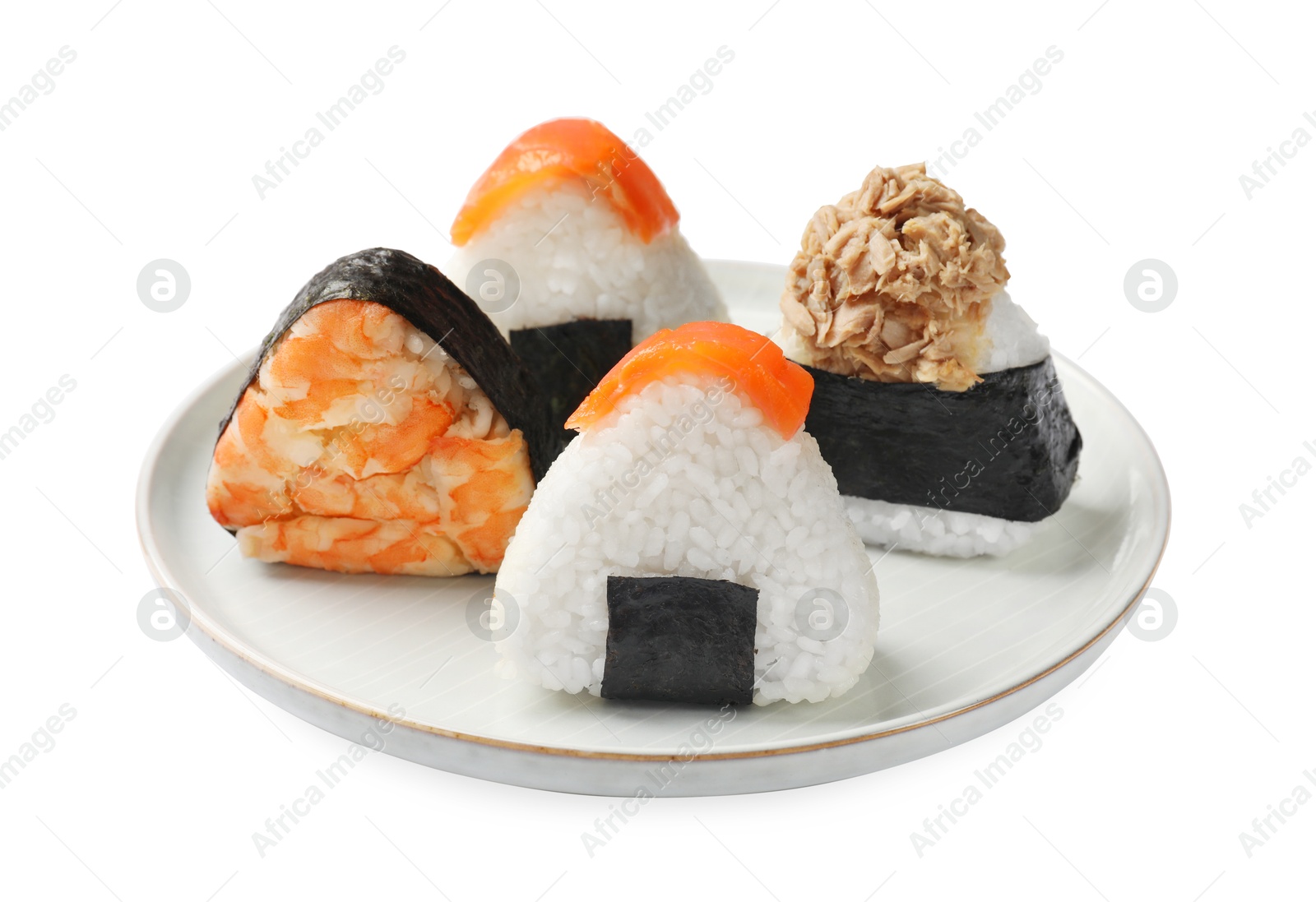 Tasty onigiri (Japanese rice balls) isolated on white Photo of Tasty onigiri (Japanese rice balls) isolated on white