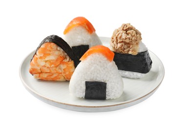 Photo of Tasty onigiri (Japanese rice balls) isolated on white