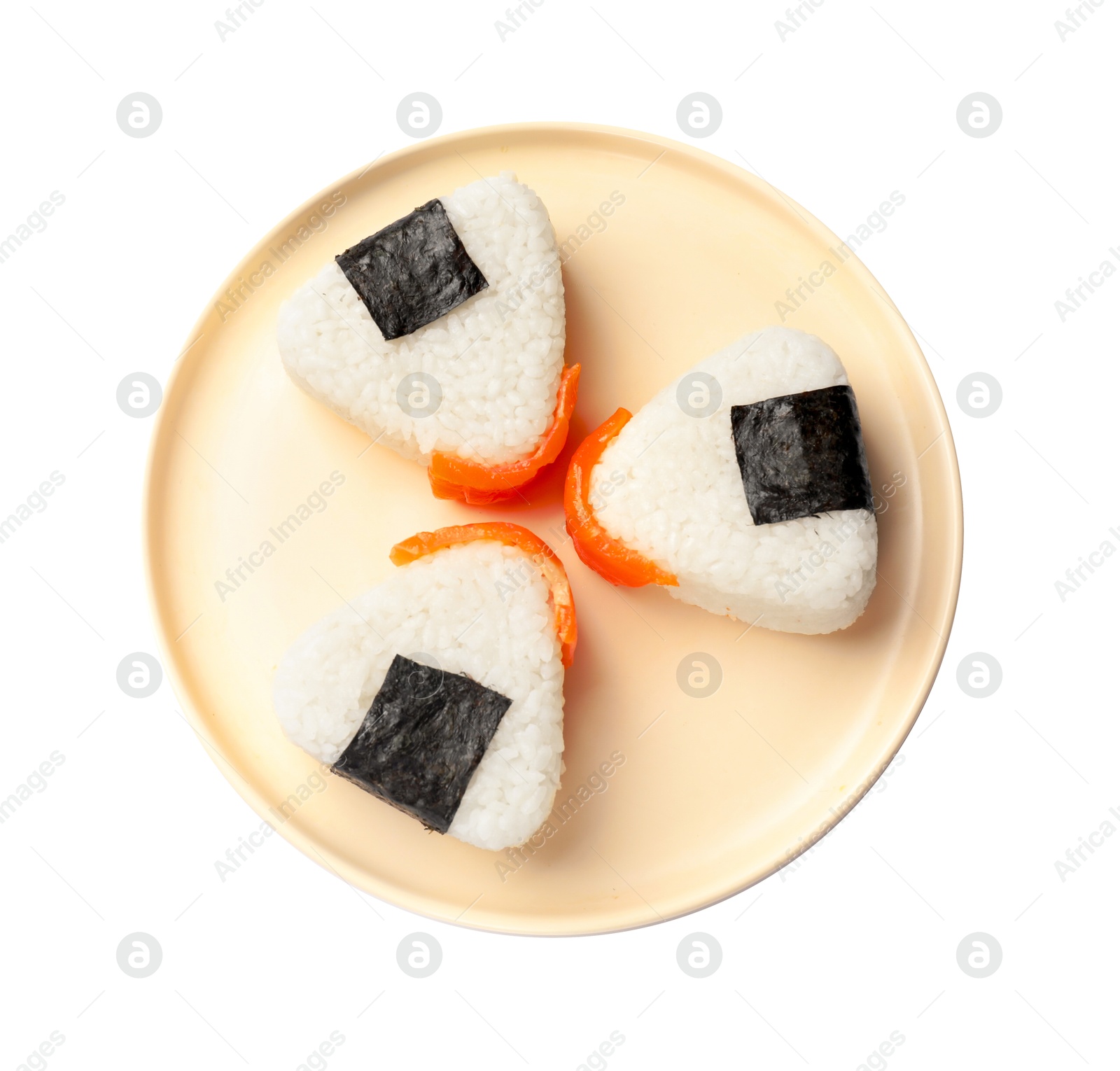 Tasty onigiri (Japanese rice balls) isolated on white, top view Photo of Tasty onigiri (Japanese rice balls) isolated on white, top view