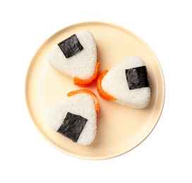 Photo of Tasty onigiri (Japanese rice balls) isolated on white, top view